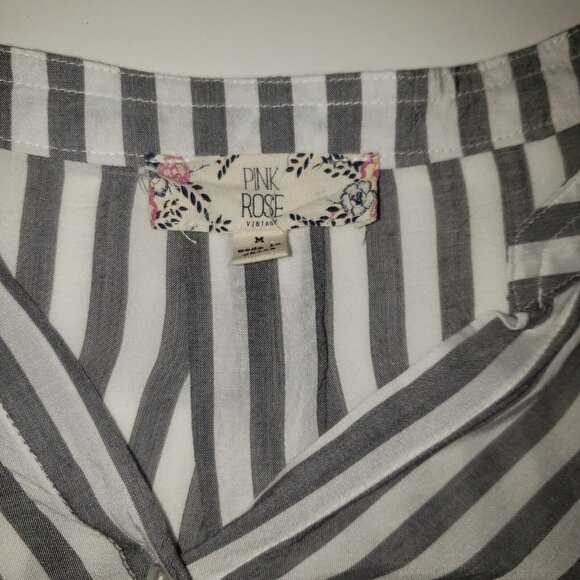 Pink Rose Blouse Womens Size Medium Grey Stripe Surplice Citycore Light Academia - Picture 12 of 16